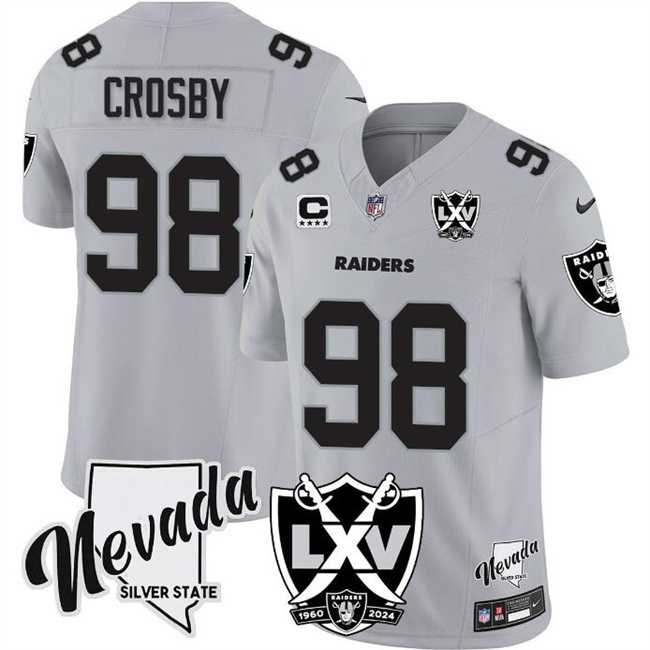 Men & Women & Youth Las Vegas Raiders #98 Maxx Crosby Grey 2024 F.U.S.E With Nevada Silver Stat Patch And 65th Anniversary Patch 4-Star C Patch Stitched Jersey